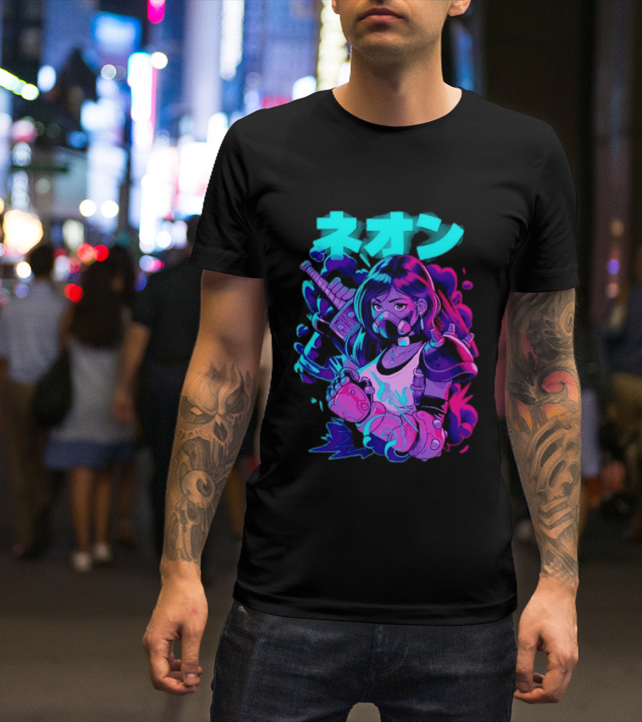 Neon Cyberpunk Anime Warrior Girl Futuristic Vaporwave Aesthetic T-Shirt