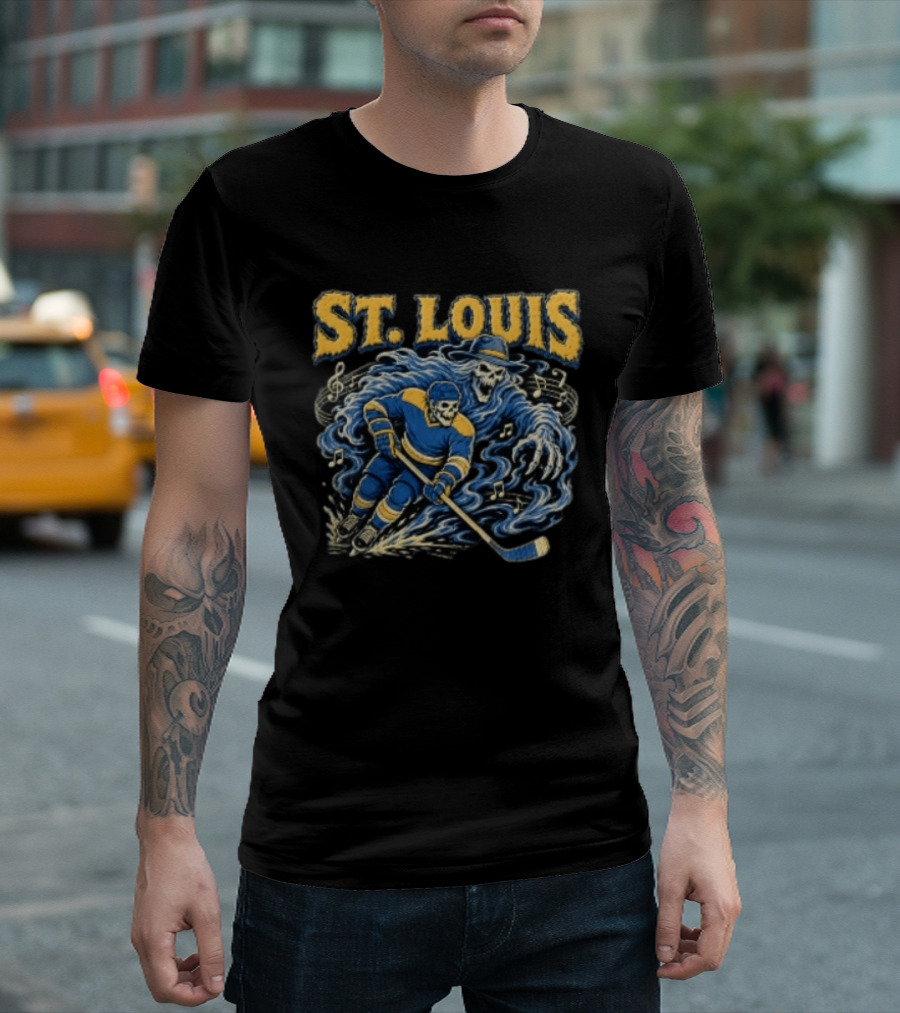 St. Louis Blues Hockey Skeleton Player With Music Notes And Ghostly Figure T-Shirt