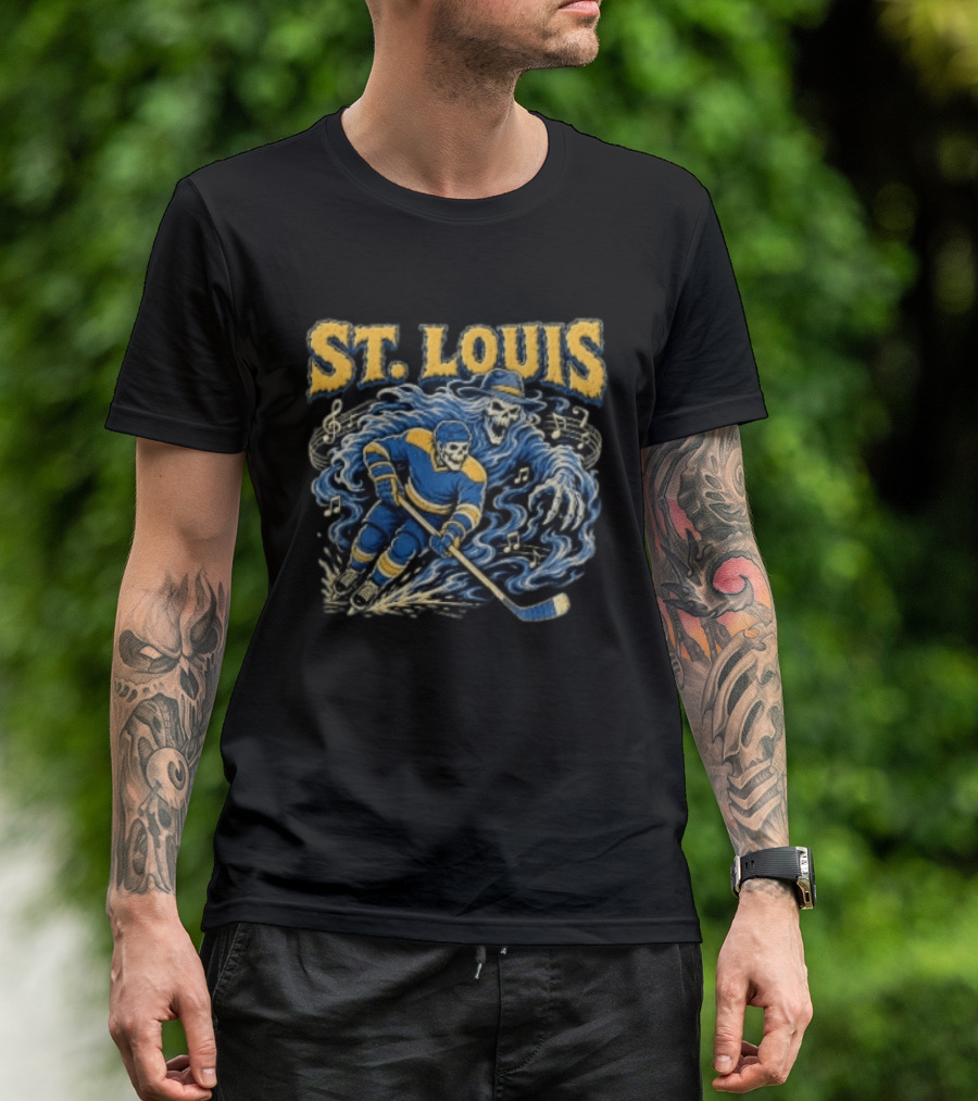 St. Louis Blues Hockey Skeleton Player With Music Notes And Ghostly Figure T-Shirt