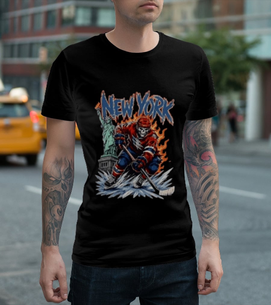 New York Rangers Skeleton Hockey Player Statue Of Liberty Flames T-Shirt
