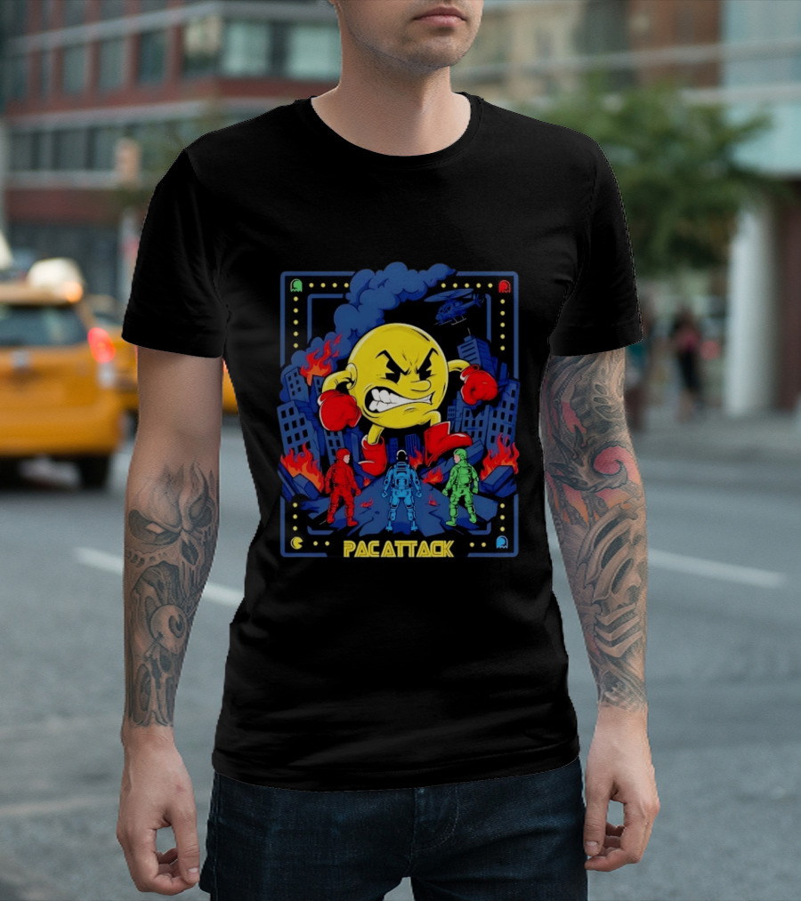 Pac Attack City Destruction Video Game Icon Battle Scene T-Shirt