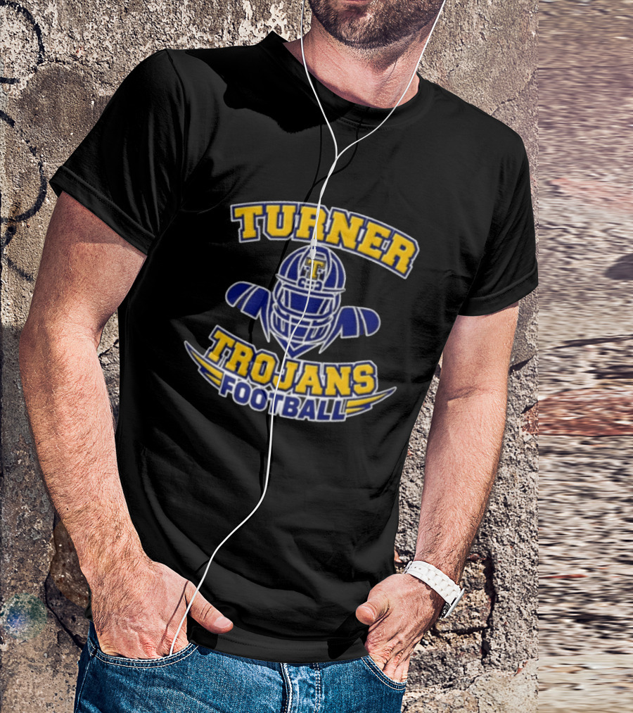 Turner Trojans Football Yellow Navy Helmet Shoulder Pads Gridiron T-Shirt