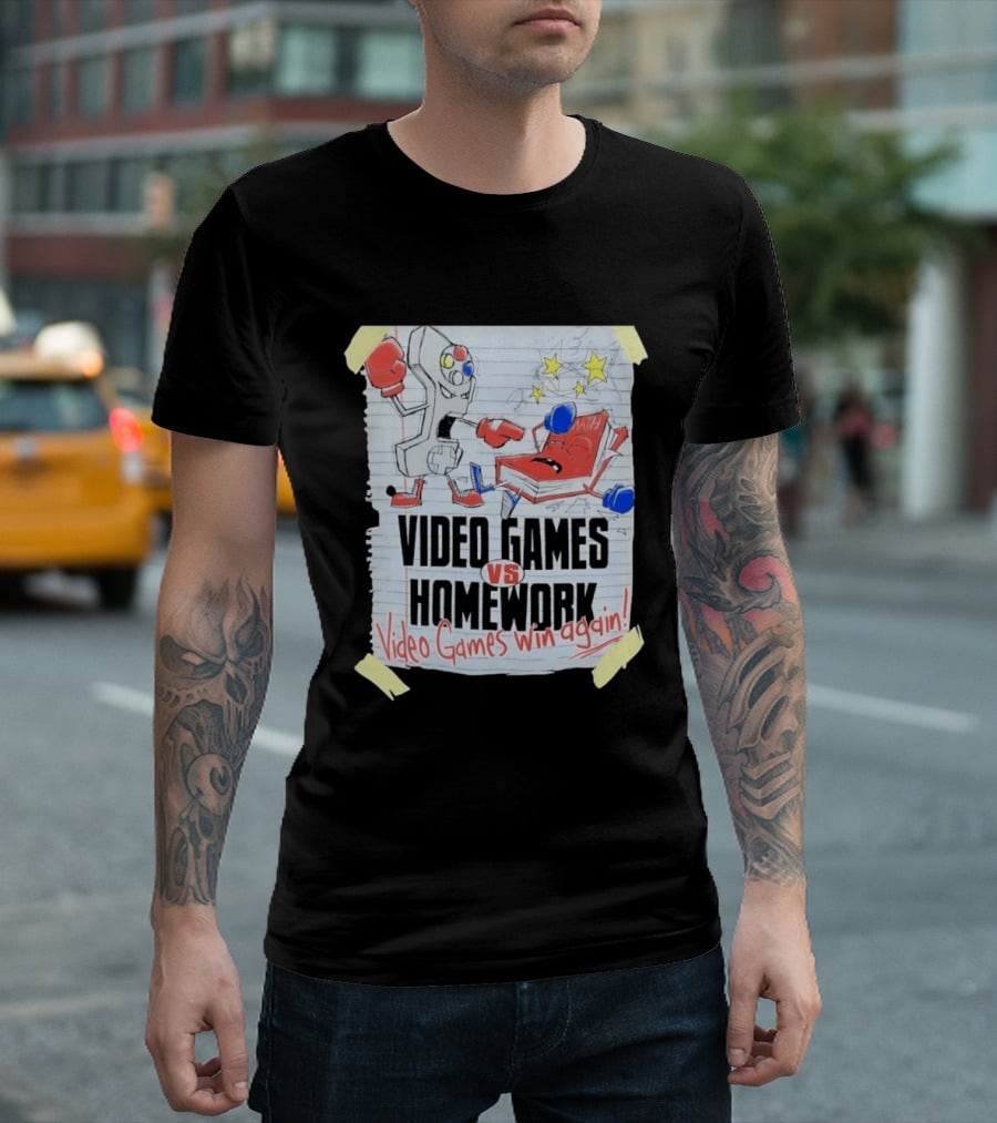 Video Games Vs Homework Video Games Win Again Math Battle Sketch T-Shirt