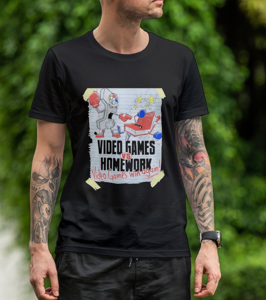 Video Games Vs Homework Video Games Win Again Math Battle Sketch T-Shirt