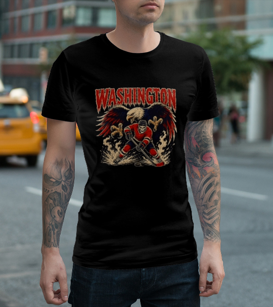 Washington Capitals Skeleton Hockey Player With Eagle T-Shirt