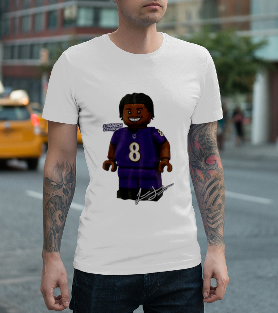 Baltimore Ravens Lamar Jackson Lego Minifigure Purple Jersey Number 8 T-Shirt
