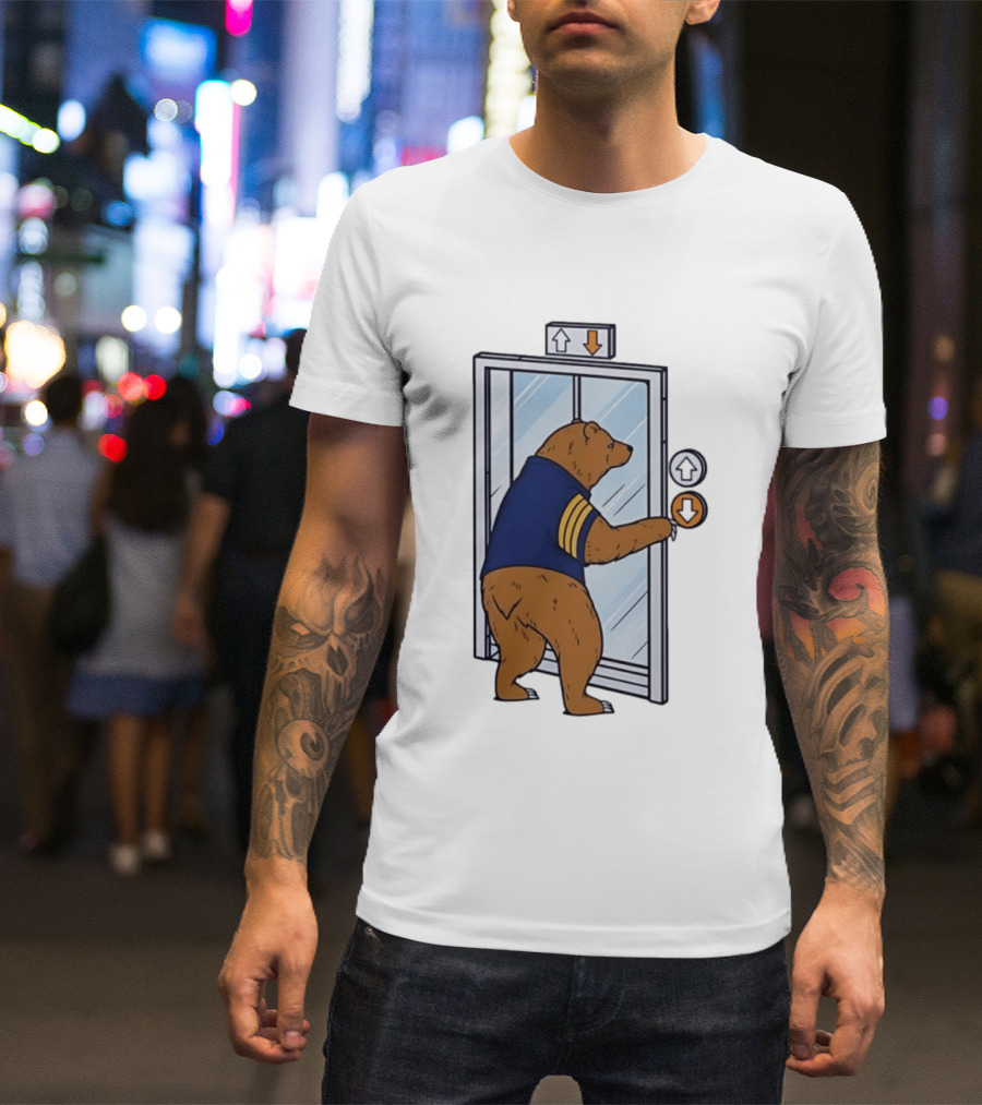 Bear In Blue Jacket Pressing Elevator Down Button T-Shirt