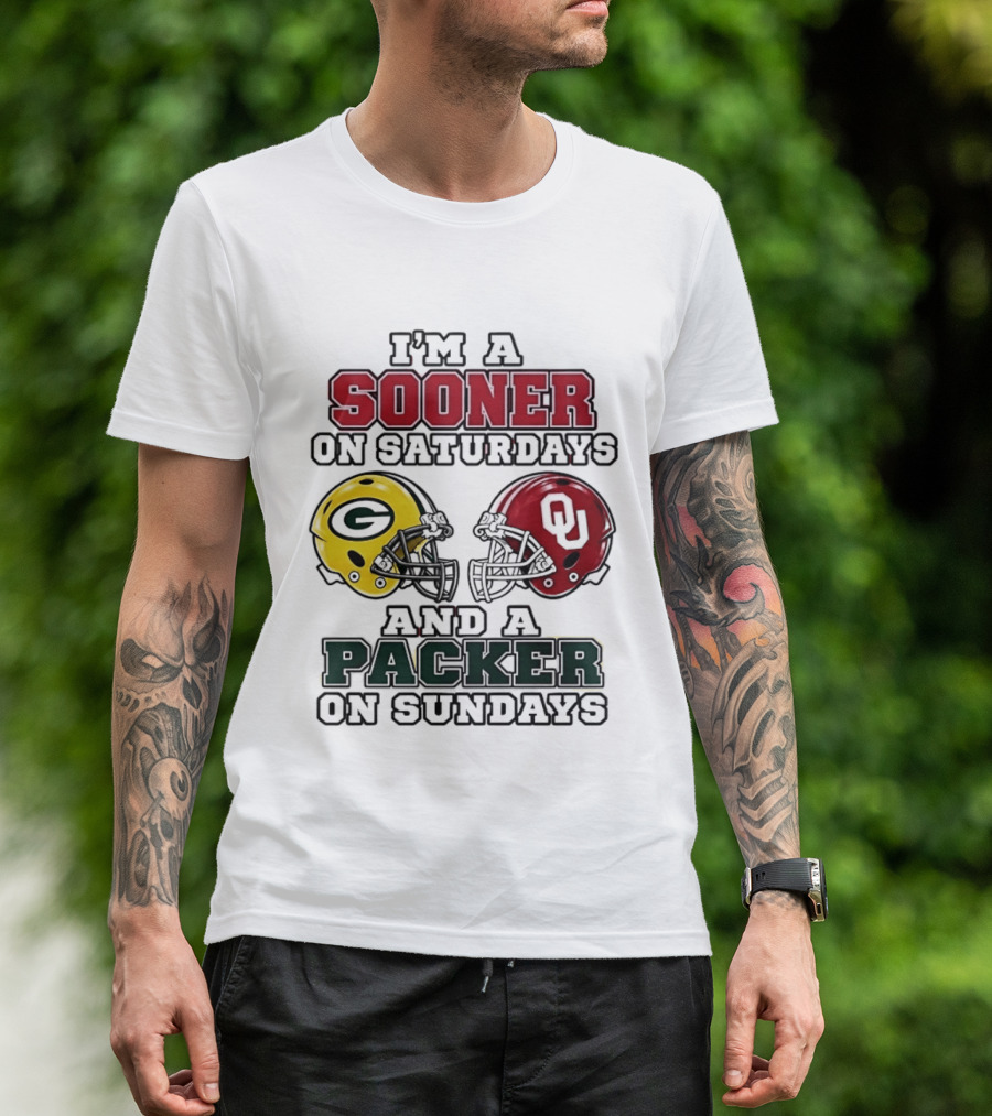 I'm A Sooner On Saturdays And A Packer On Sundays Football Fan Helmets T-Shirt