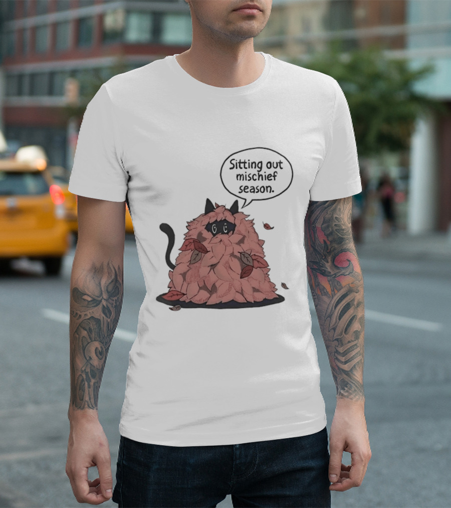 Sitting Out Mischief Season Cat Autumn Leaves T-Shirt
