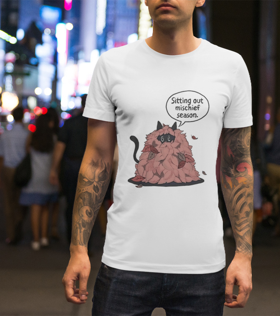 Sitting Out Mischief Season Cat Autumn Leaves T-Shirt
