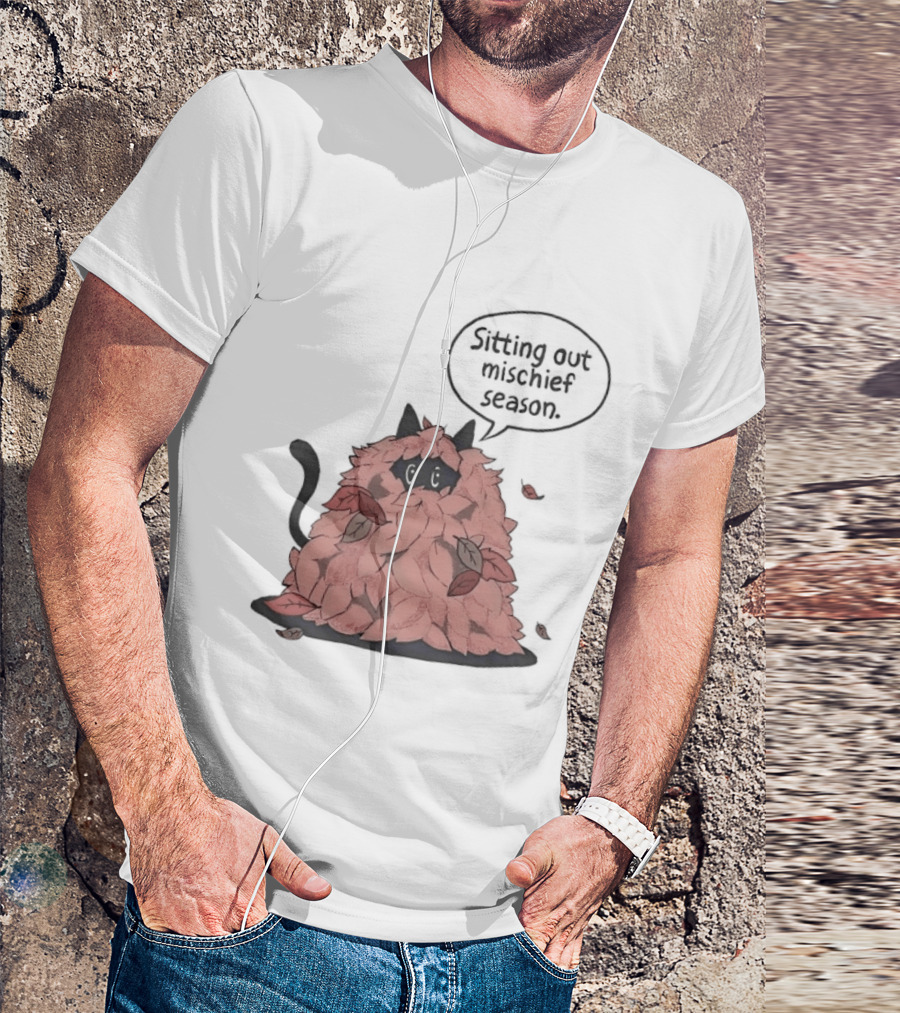 Sitting Out Mischief Season Cat Autumn Leaves T-Shirt