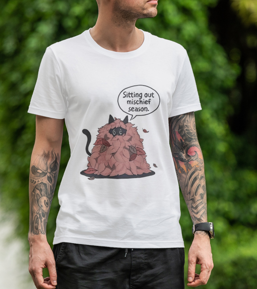 Sitting Out Mischief Season Cat Autumn Leaves T-Shirt