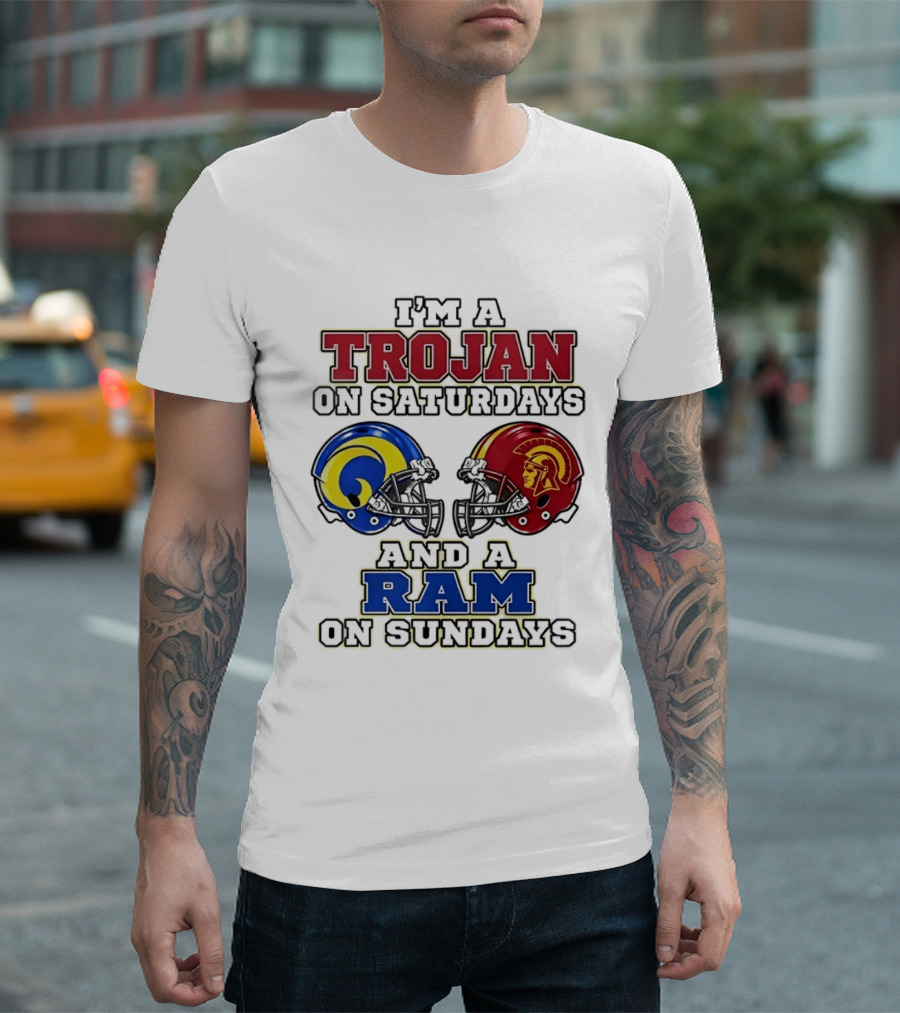 Trojan On Saturdays USC And Ram On Sundays Football Fan Helmet T-Shirt