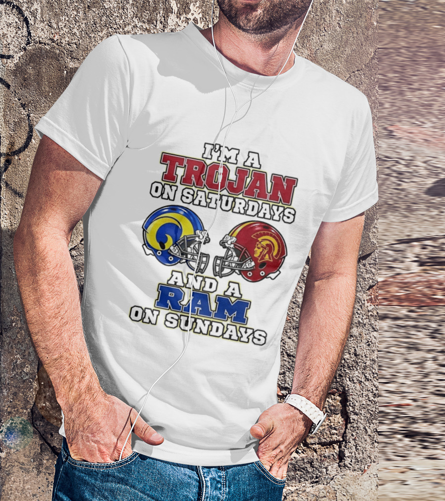 Trojan On Saturdays USC And Ram On Sundays Football Fan Helmet T-Shirt
