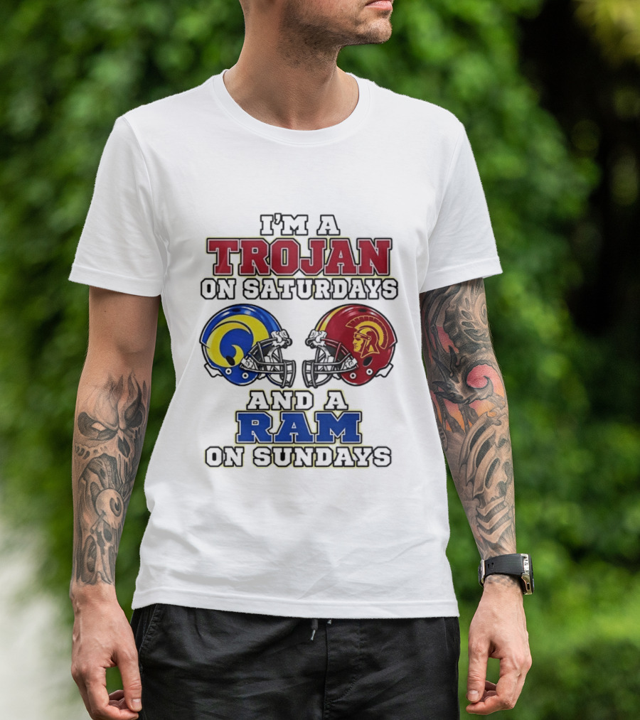Trojan On Saturdays USC And Ram On Sundays Football Fan Helmet T-Shirt