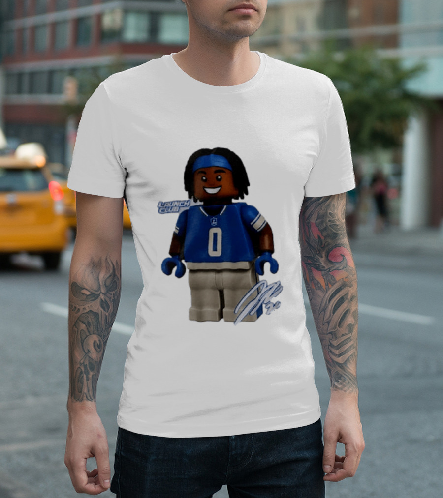 Detroit Lions Jahmyr Gibbs Lego Minifigure Launch Club Football Player T-Shirt