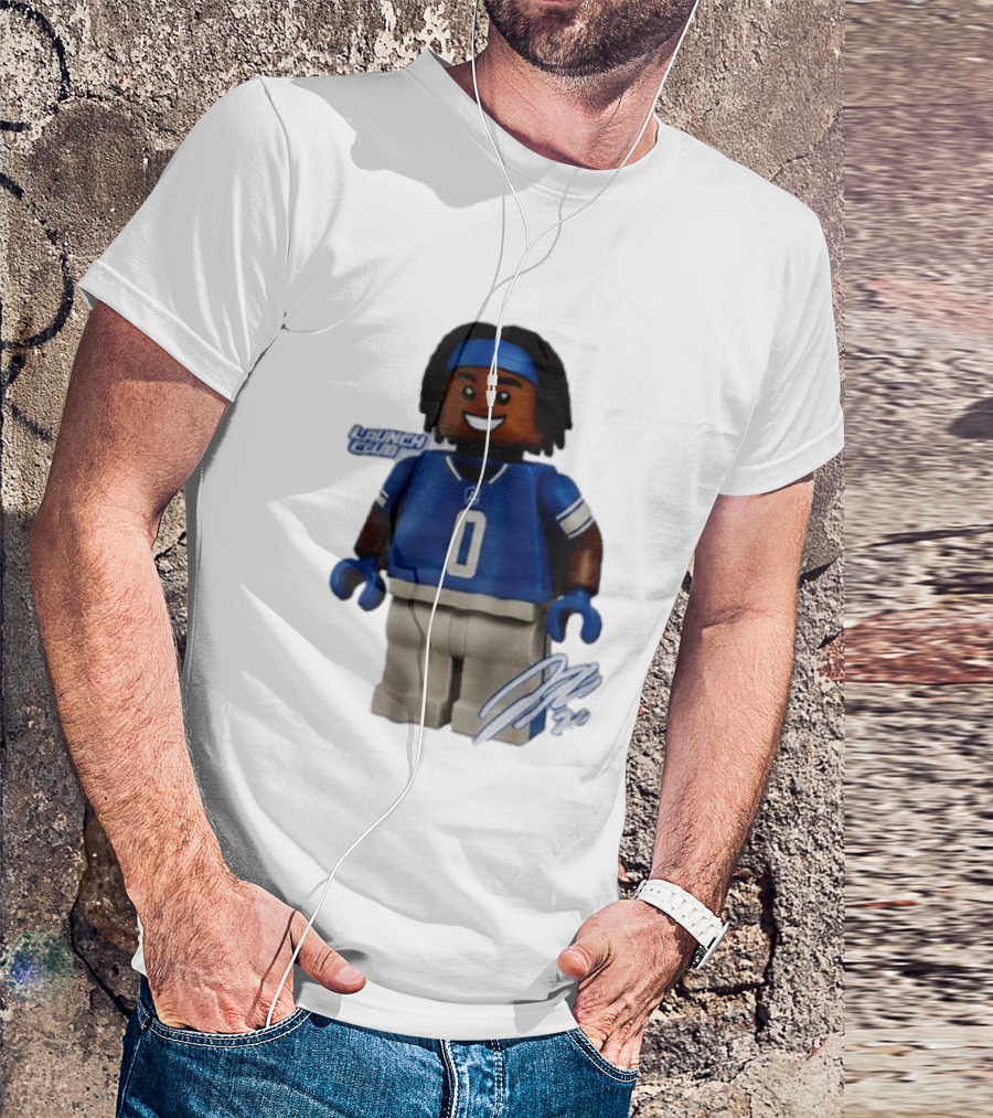 Detroit Lions Jahmyr Gibbs Lego Minifigure Launch Club Football Player T-Shirt