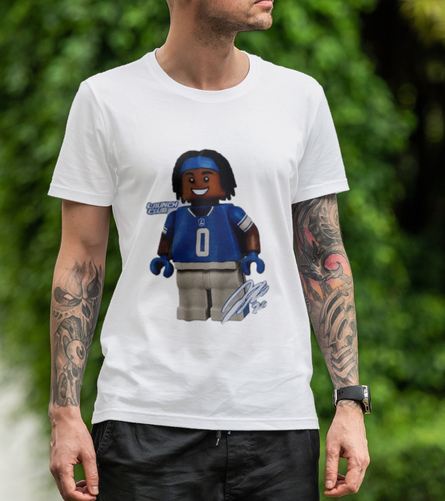 Detroit Lions Jahmyr Gibbs Lego Minifigure Launch Club Football Player T-Shirt