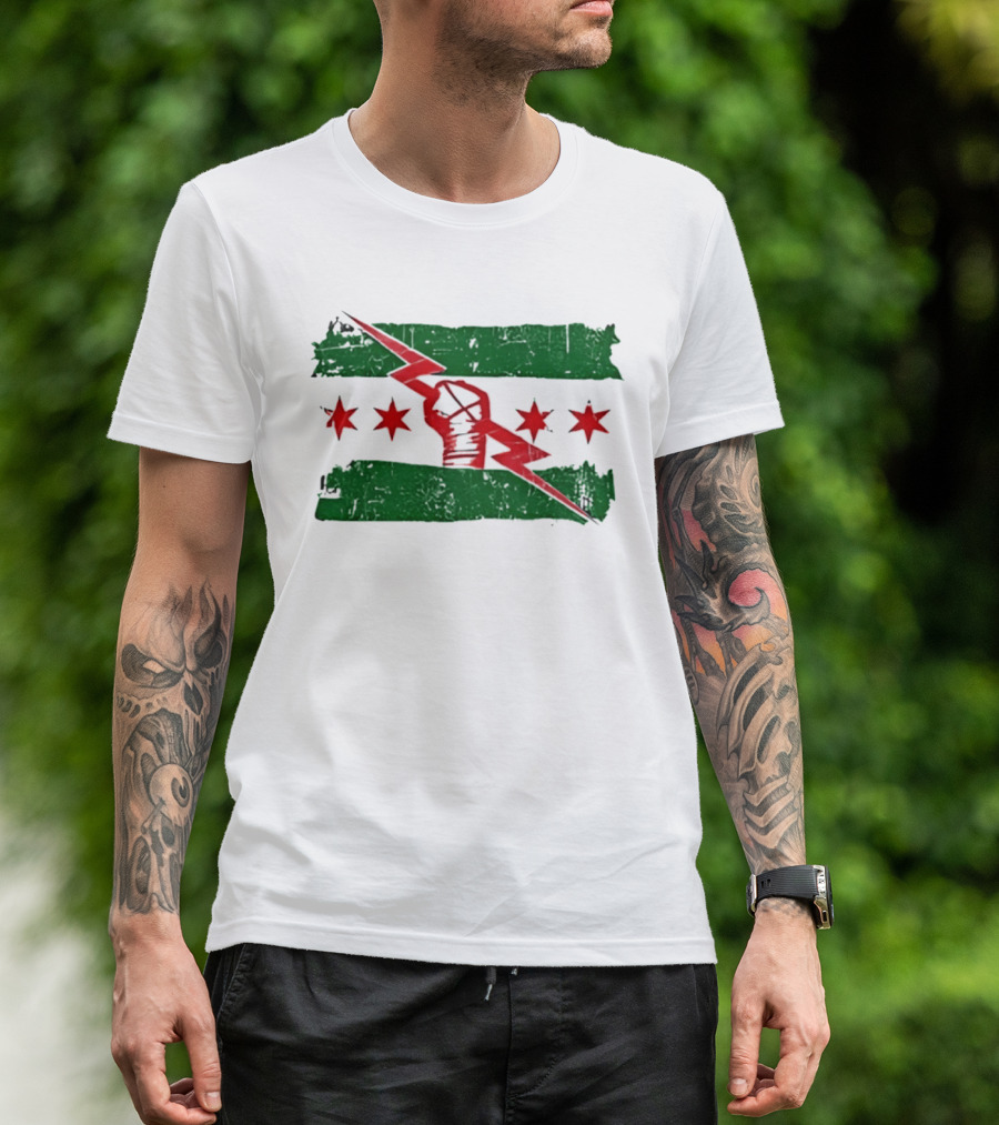 Chicago Flag Symbol Red Fist Lightning Bolt Green Distressed T-Shirt