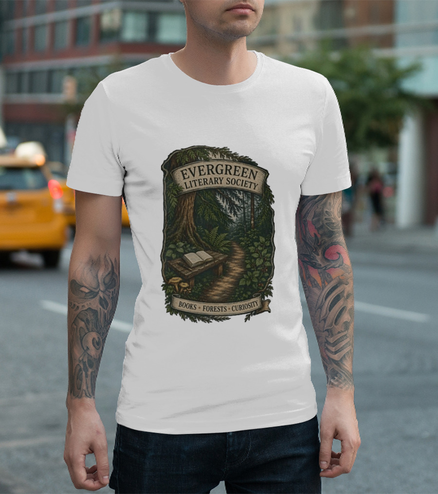 Evergreen Literary Society Books Forests Curiosity Pathway Through Trees T-Shirt