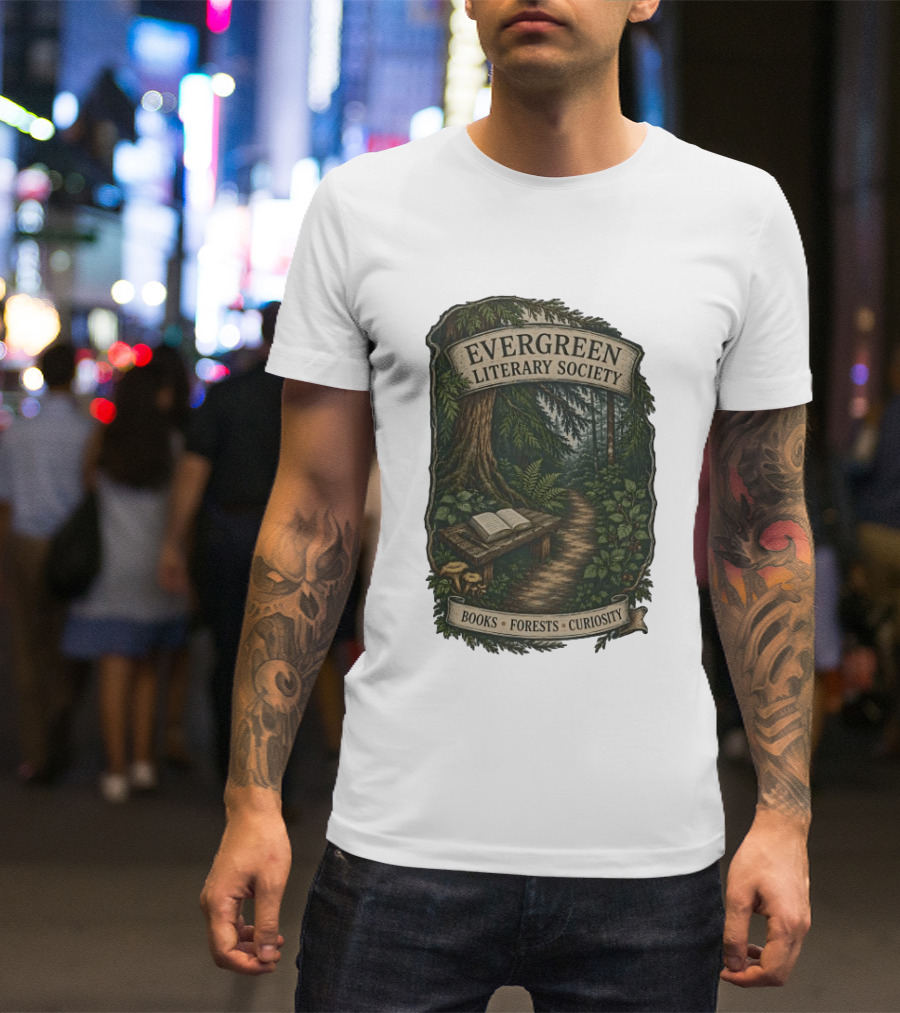 Evergreen Literary Society Books Forests Curiosity Pathway Through Trees T-Shirt