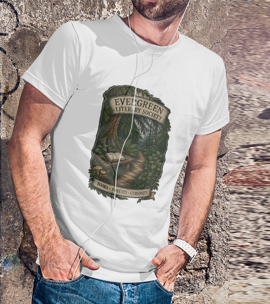 Evergreen Literary Society Books Forests Curiosity Pathway Through Trees T-Shirt