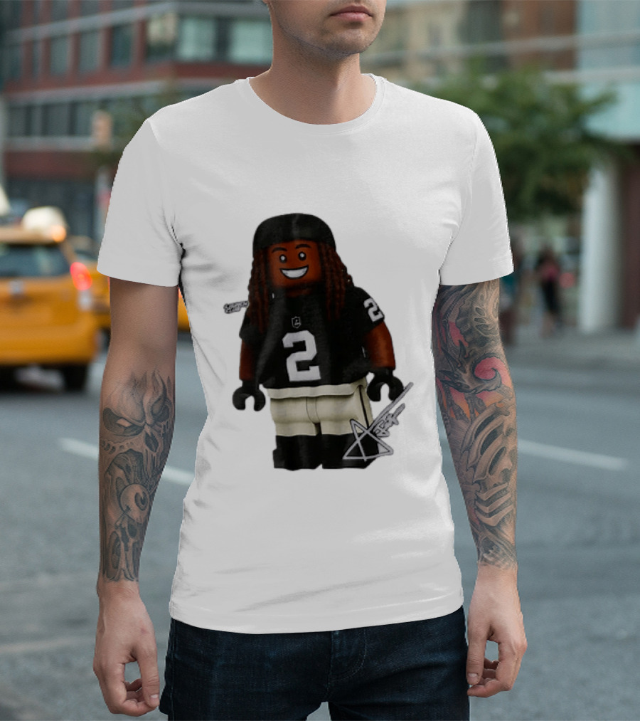 Las Vegas Raiders Running Back Ashton Jeanty 2 Lego Minifigure With Football Helmet T-Shirt