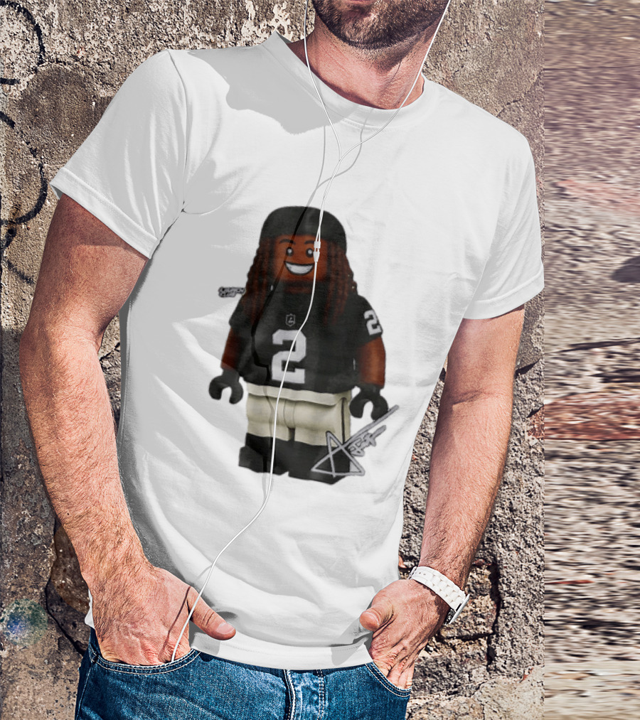 Las Vegas Raiders Running Back Ashton Jeanty 2 Lego Minifigure With Football Helmet T-Shirt