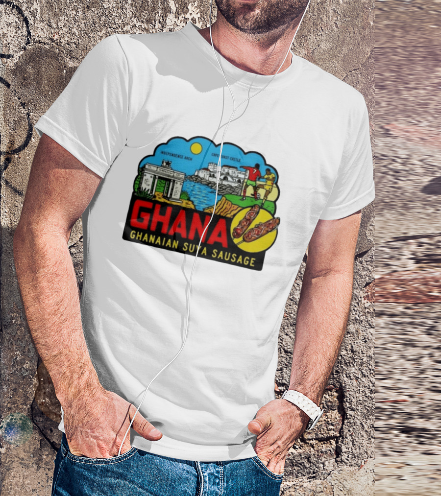 Ghana Cape Coast Castle Independence Arch Ghanaian Suya Sausage Soccer Scene T-Shirt