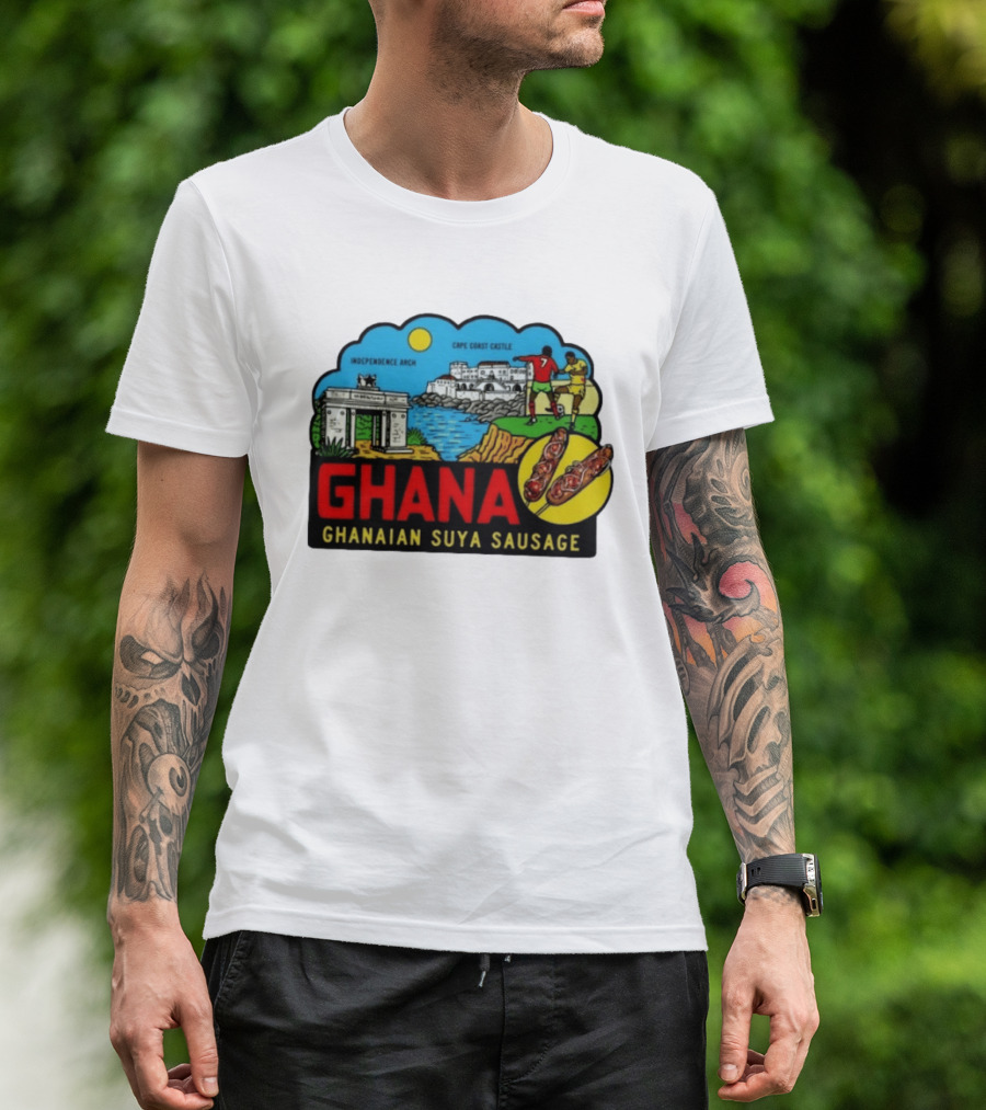 Ghana Cape Coast Castle Independence Arch Ghanaian Suya Sausage Soccer Scene T-Shirt