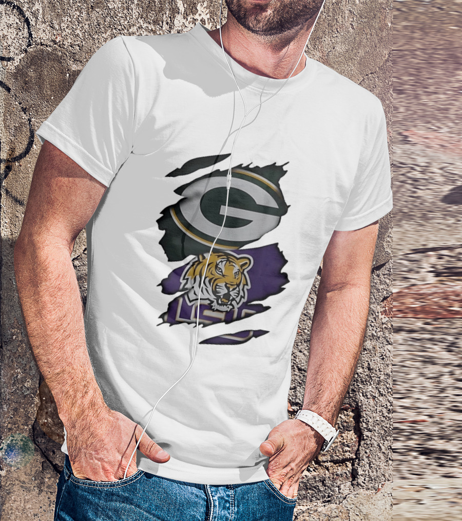Green Bay Packers G Logo And LSU Tigers Purple And Gold Torn Fabric T-Shirt