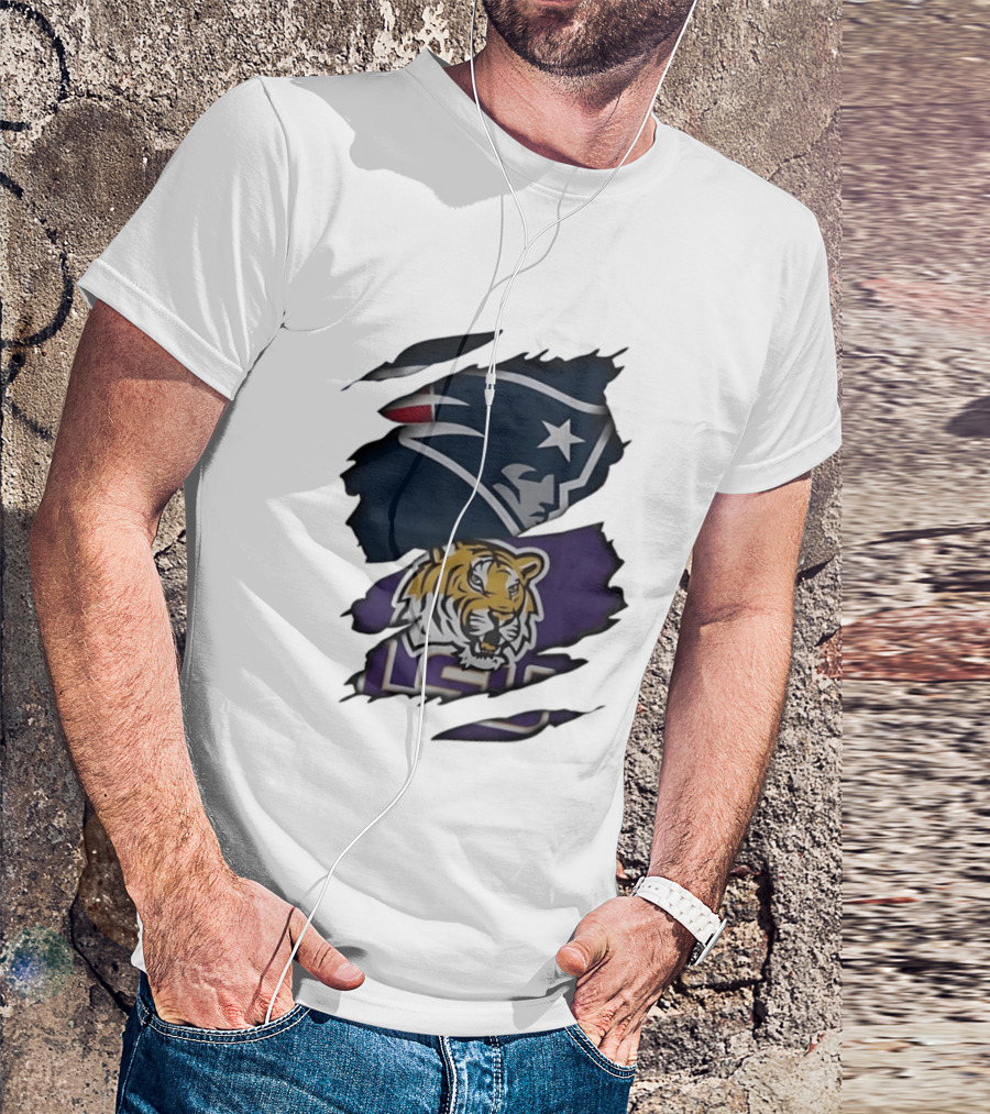 New England Patriots LSU Tigers Torn Fabric Tiger And Patriot Head Logos T-Shirt