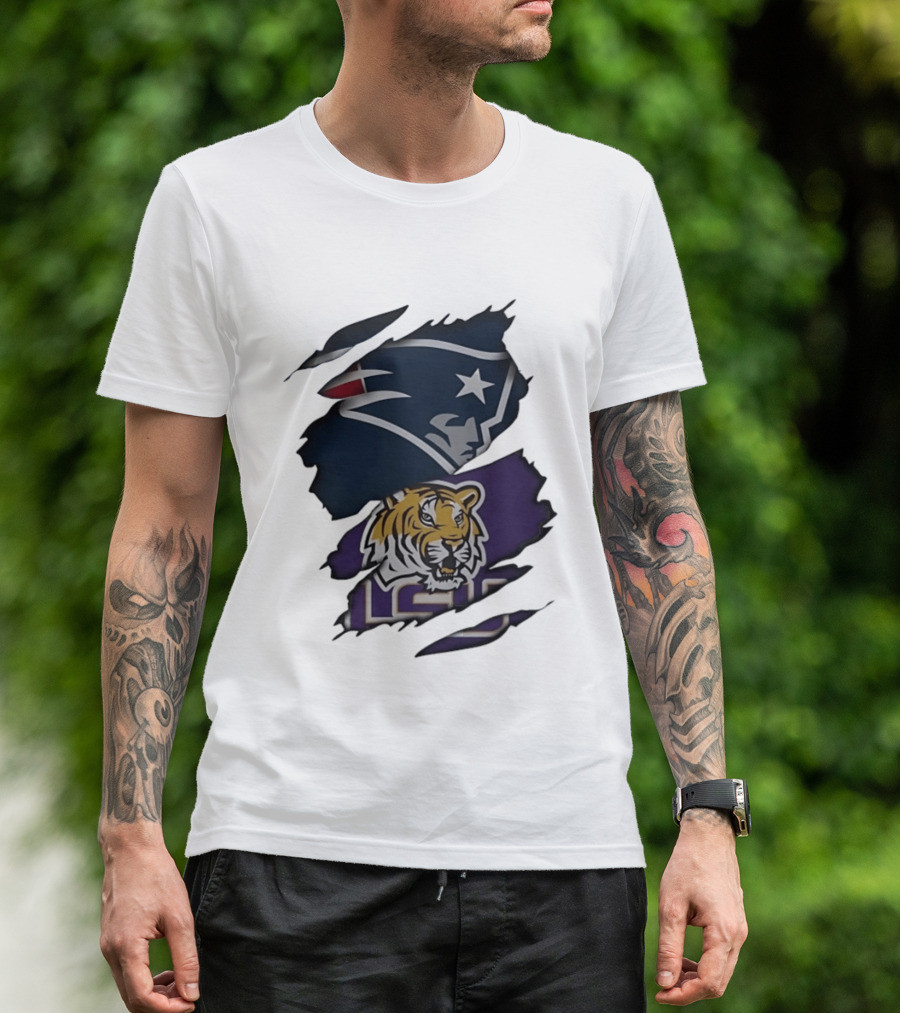 New England Patriots LSU Tigers Torn Fabric Tiger And Patriot Head Logos T-Shirt