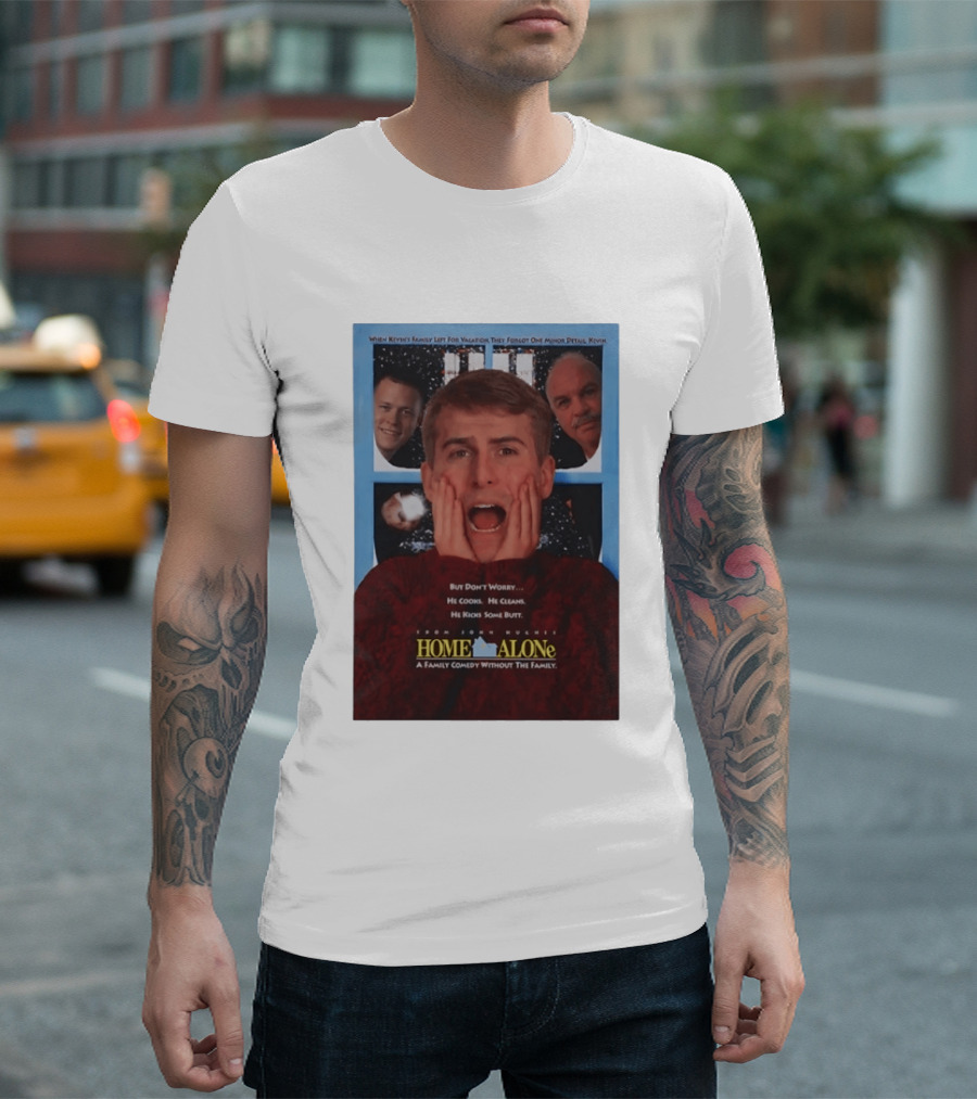 Home Alone But Don't Worry He Cooks He Cleans He Kicks Some Butt John Hughes Movie Kevin McCallister T-Shirt