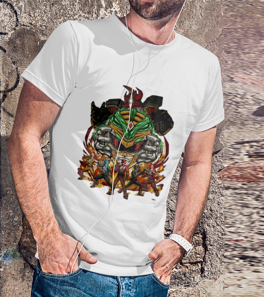 Mighty Morphin Power Rangers Green Ranger Dragonzord Helmet And Team Pose T-Shirt