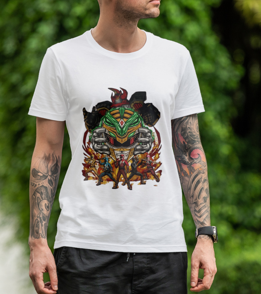 Mighty Morphin Power Rangers Green Ranger Dragonzord Helmet And Team Pose T-Shirt