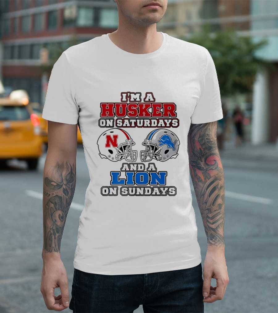 Husker On Saturdays And Lion On Sundays Football Helmets T-Shirt