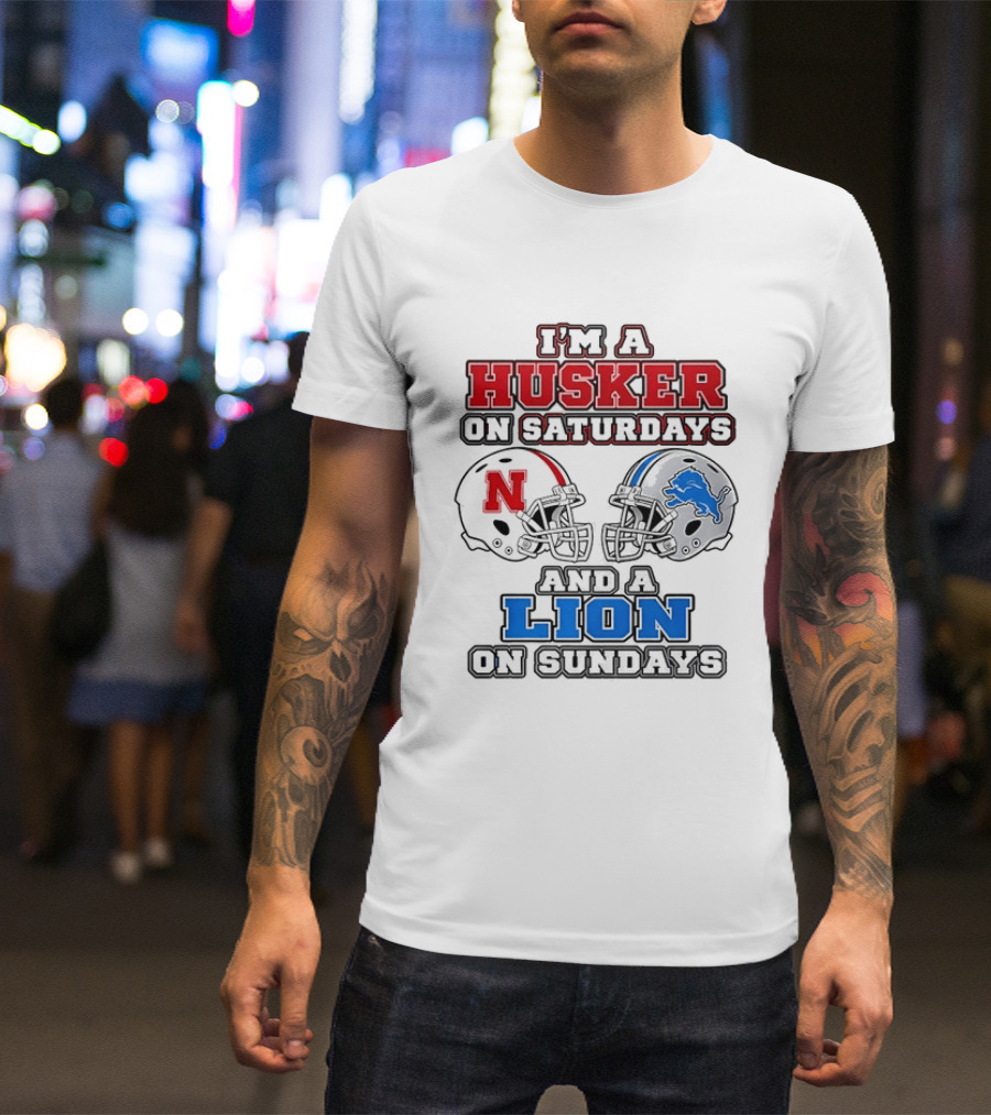 Husker On Saturdays And Lion On Sundays Football Helmets T-Shirt
