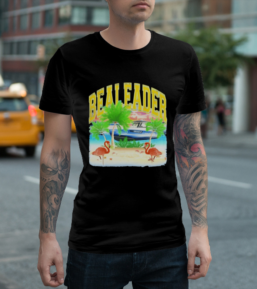 Bealeader Tropical Beach Scene With Palm Trees, Boat, And Flamingos T-Shirt