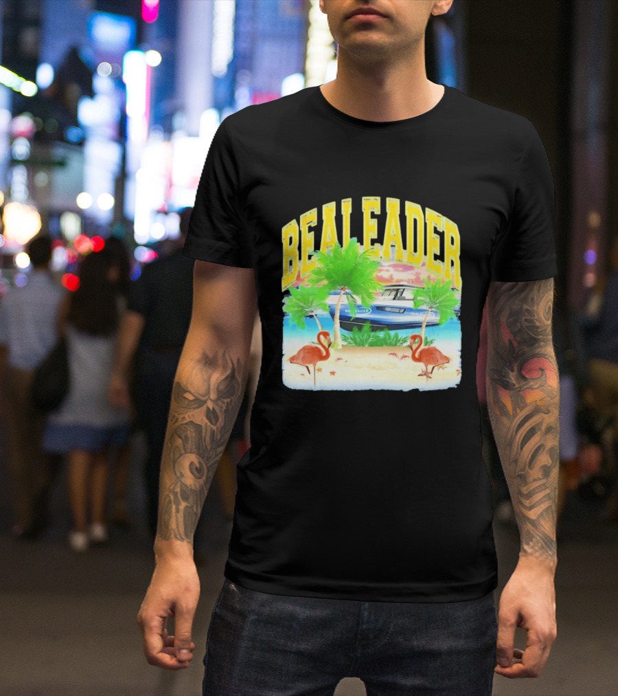 Bealeader Tropical Beach Scene With Palm Trees, Boat, And Flamingos T-Shirt