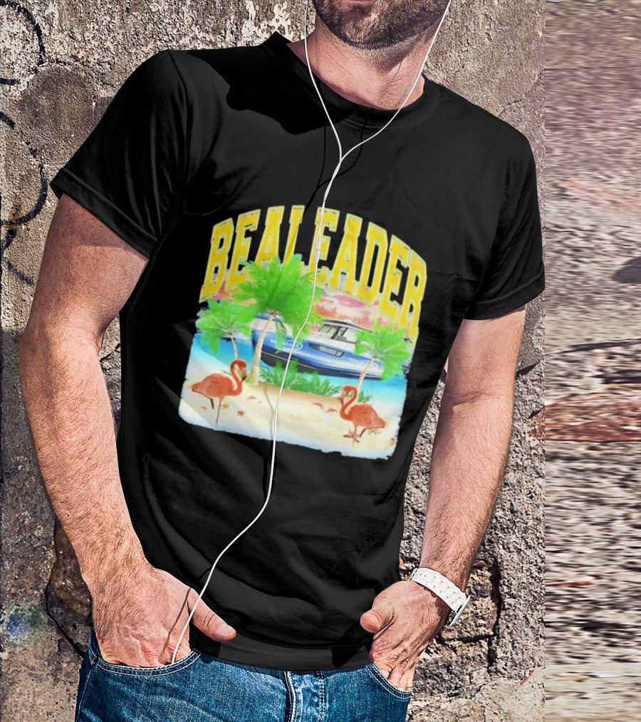 Bealeader Tropical Beach Scene With Palm Trees, Boat, And Flamingos T-Shirt