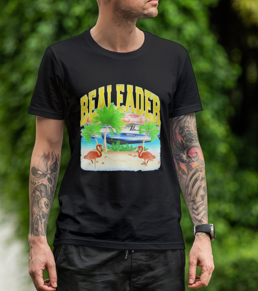 Bealeader Tropical Beach Scene With Palm Trees, Boat, And Flamingos T-Shirt
