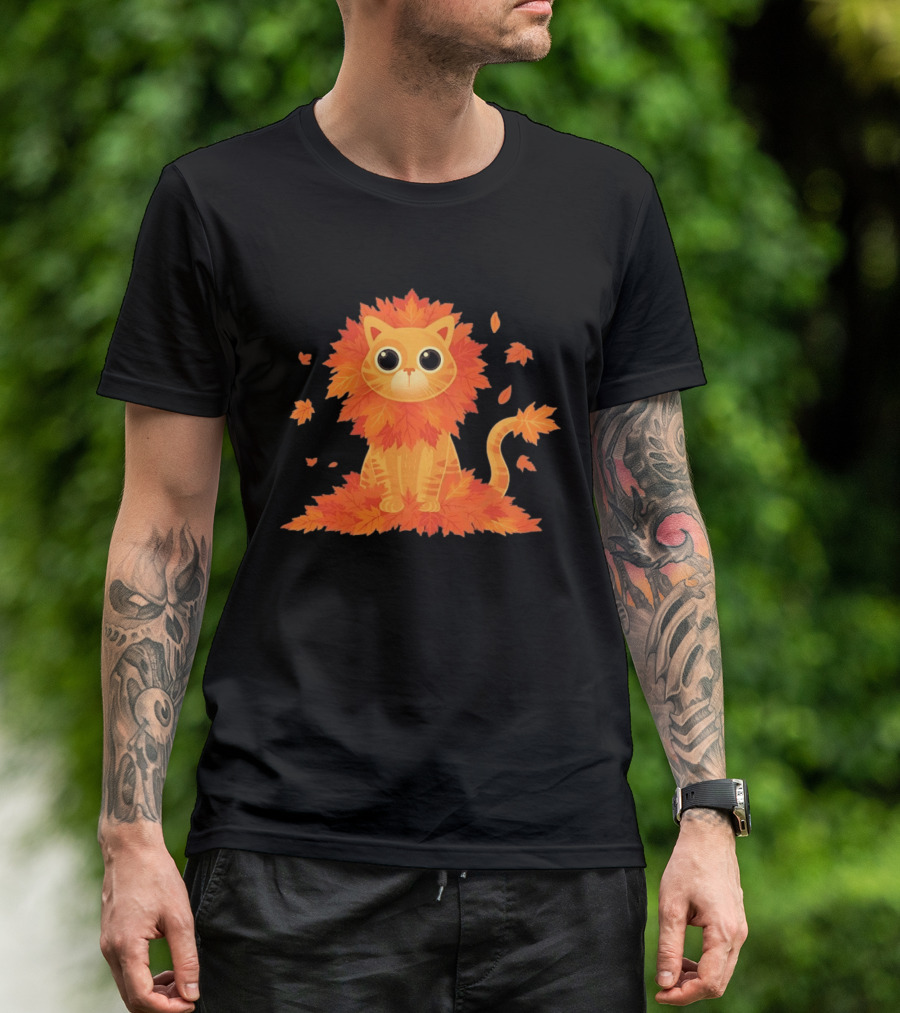 Cat With Autumn Leaves Mane Fall Lion Cozy Cute Kitty T-Shirt