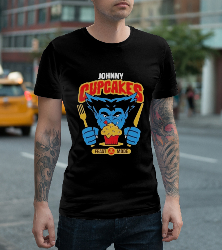 Johnny Cupcakes Feast Mode Blue Wolverine Eating Cupcake T-Shirt