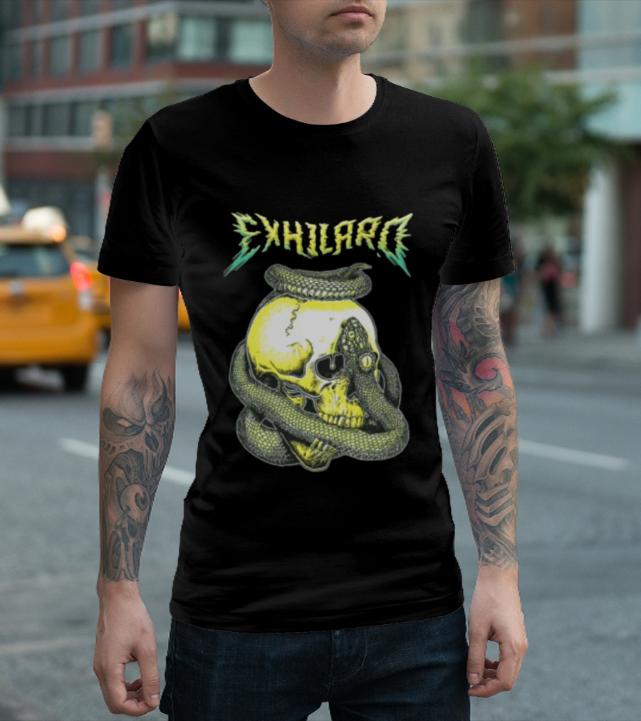 Exhilaro Venomous Serpent Coiled Around Yellow Human Skull T-Shirt