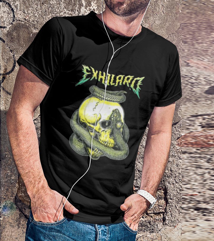 Exhilaro Venomous Serpent Coiled Around Yellow Human Skull T-Shirt