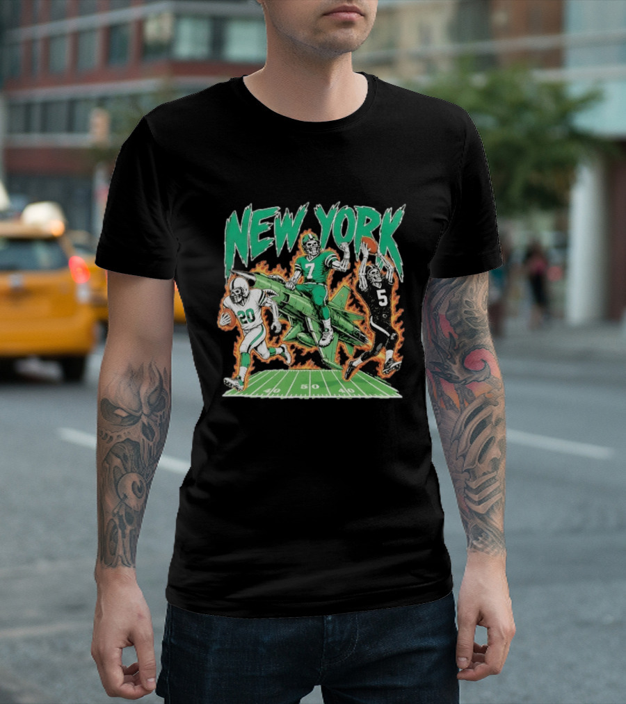 New York Jets Skeleton Football Players With Jet And Field T-Shirt