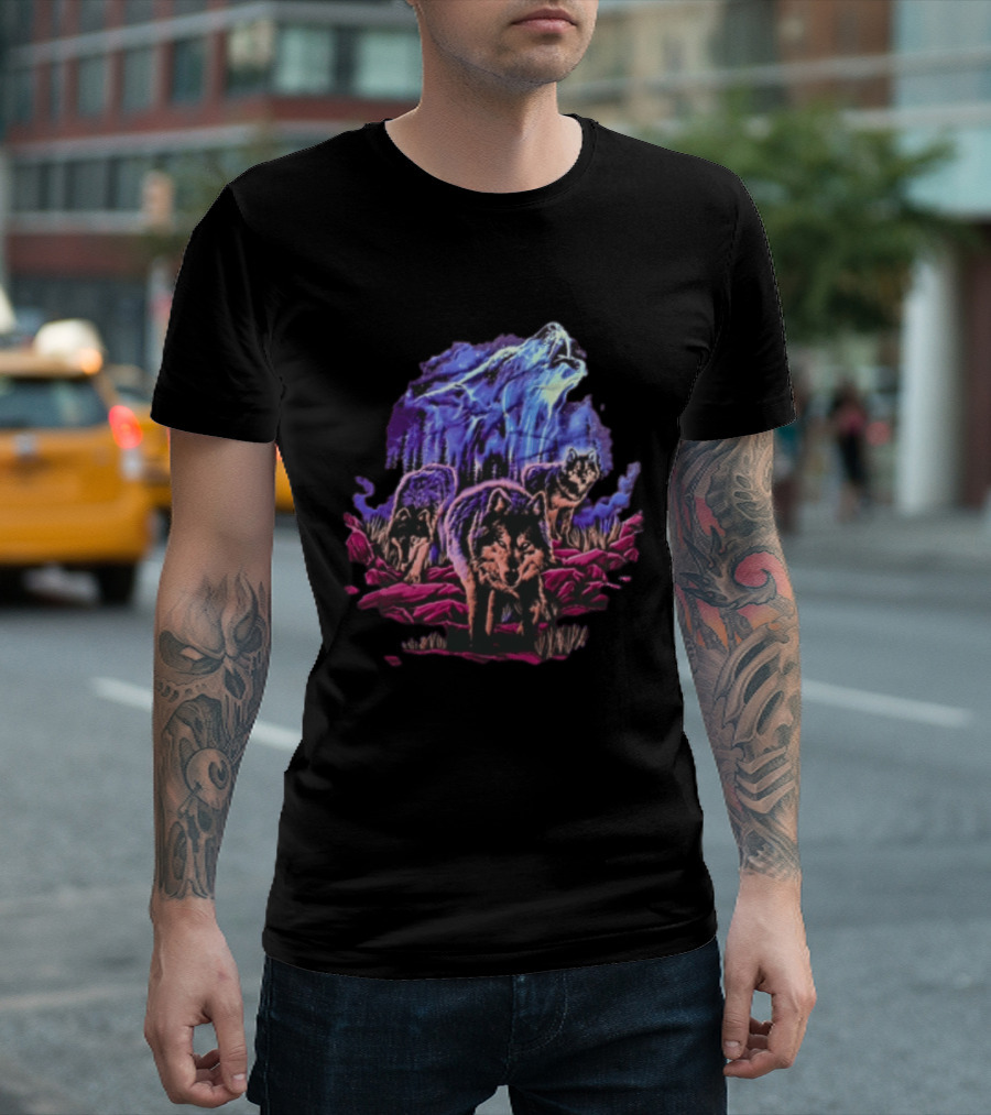 Odm San Diego 2000 Three Wolves Howling Celestial Northern Lights Woods T-Shirt