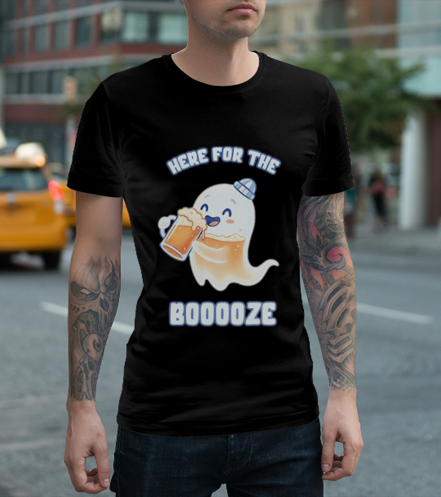Here For The Booooze Ghost Drinking Beer Fun Halloween T-Shirt