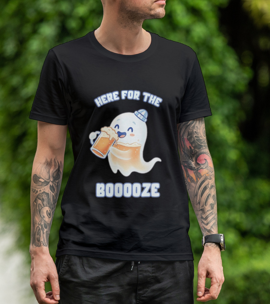 Here For The Booooze Ghost Drinking Beer Fun Halloween T-Shirt